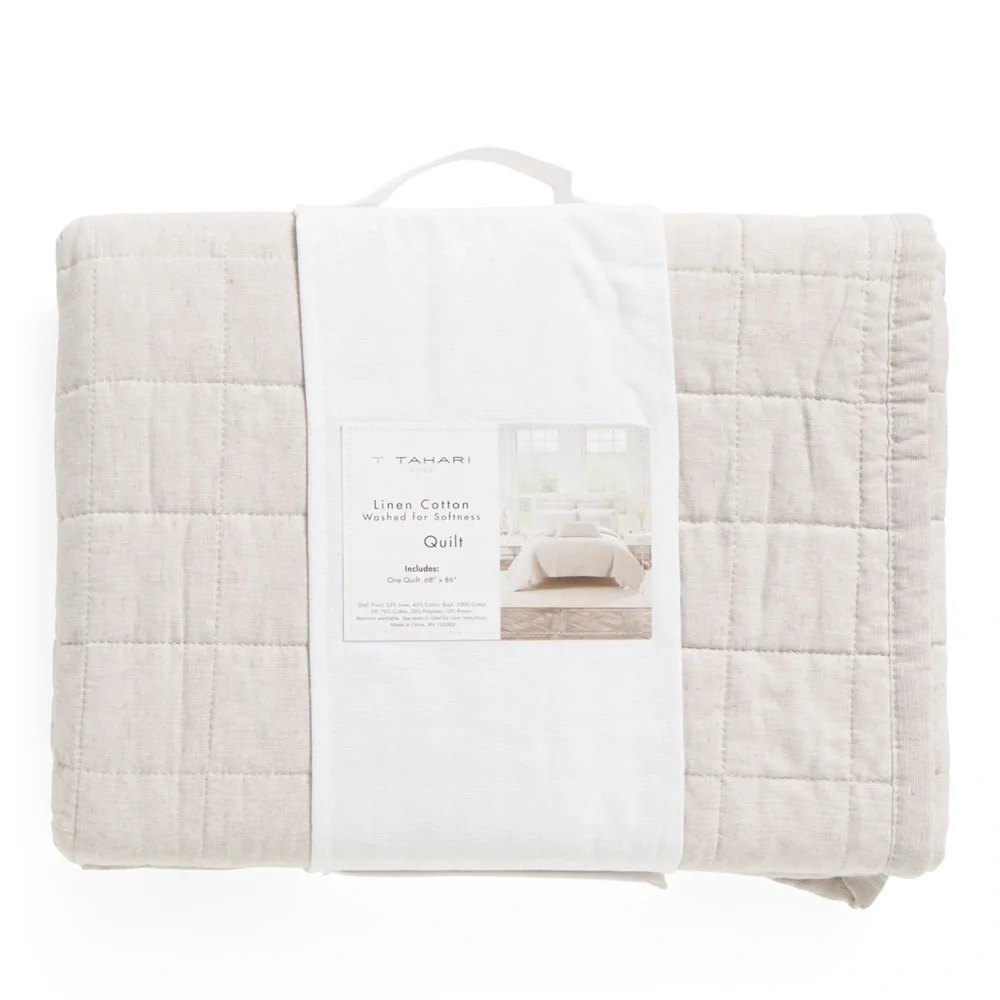 🎉LAST PIECE 🎉TAHARI HOME Linen Blend Box Stitch Quilt With Mitered Boarder